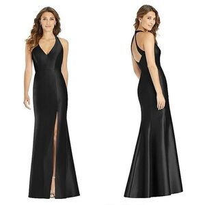 NWT Alfred Sung V-Neck Halter Satin Trumpet Dress Gown Size 6 D761 Black Party